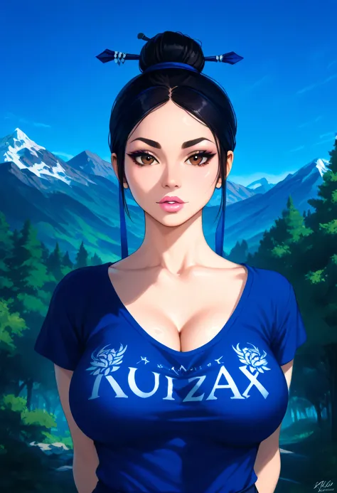 (Perfect Face, Perfect Body), Black Hair, (Top Knot Hair Bun), (Forehead), Black Thin Eyebrows, Dark Brown Eyes, Nose, Lips, Pink Lips, Parted Lips, Collarbone, Cleavage, (Big Breasts, Perfect Breasts), (V Neck T-Shirt, Blue V Neck T-Shirt), Arms Behind Ba...