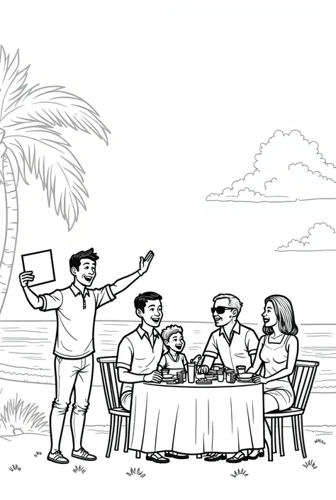 Add these changes in image more people in same line art style, more beach and restaurants details, people clapping, line art style, beautiful composition, people,