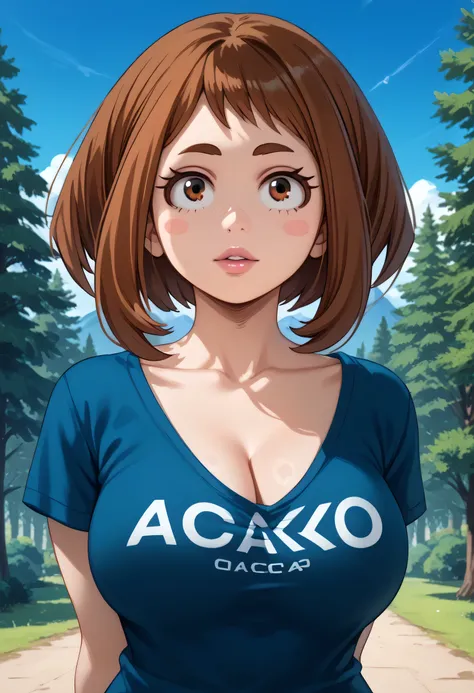 (Perfect Face, Perfect Body), Brown Hair, Short Hair, Brown Thin Eyebrows, Dark Brown Eyes, Nose, Lips, Pink Lips, Parted Lips, Collarbone, Cleavage, (Big Breasts, Perfect Breasts), (V Neck T-Shirt, Blue V Neck T-Shirt), Arms Behind Back, Looking At Viewer...
