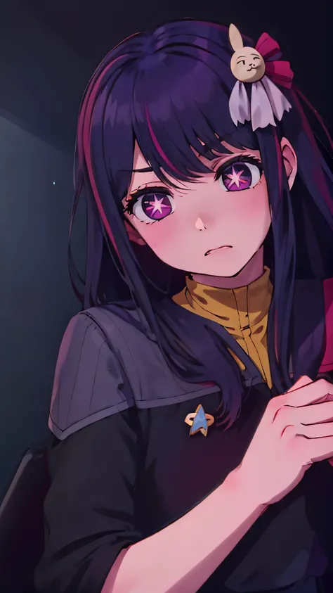 Hoshino Ai, long hair, purple hair, streaked hair ,purple eyes, star-shaped pupils, hair ornament, ds9st red and black uniform ds9st command comm badge Constricted pupils, scared best quality , shadowy , constricted pupils , expression