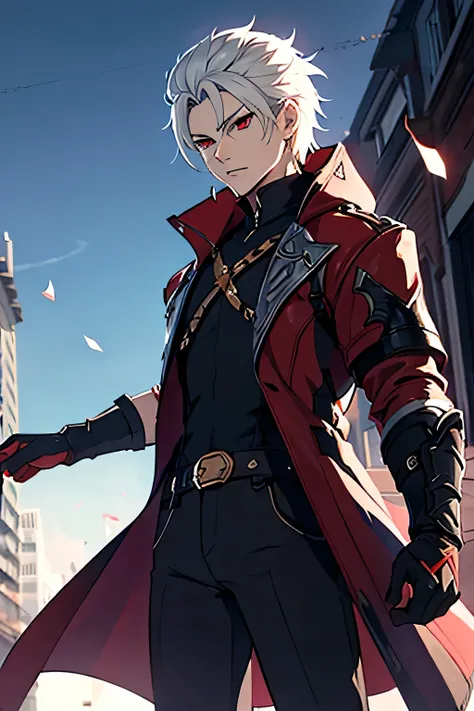 A man with white hair partially and red eyes, wearing a black_shirt and black_combat_pants and a long, two-tailed red coat, Dante, devil_may_cry, solo
