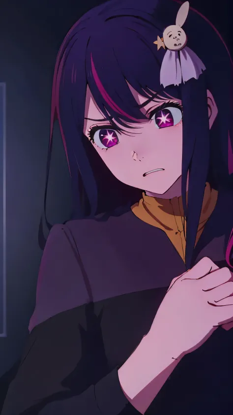 best quality, masterpiece, Hoshino Ai, long hair, purple hair, streaked hair, purple eyes, star-shaped pupils, hair ornament, ds9st red and black uniform ds9st command comm badge Constricted pupils, scared, shadowy, constricted pupils, grimacing expression...