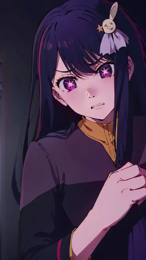 best quality, masterpiece, Hoshino Ai, long hair, purple hair, streaked hair, purple eyes, star-shaped pupils, hair ornament, ds9st red and black uniform ds9st command comm badge Constricted pupils, scared, shadowy, constricted pupils, grimacing expression...