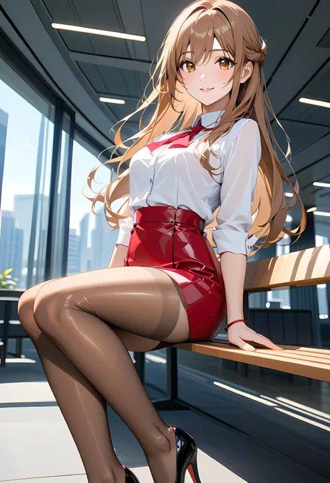 highlight,  Single Beautiful Woman Wearing a Business Suit, white blouse,Red-colored pencil miniskirt, light brown pantyhose, sexy black patent leather high heels,  show me a beautiful waist line,  (showing her whole body from her feet), She's sitting on a...