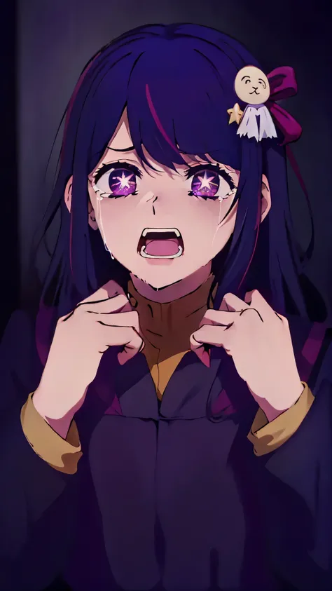 best quality, masterpiece, Hoshino Ai, long hair, purple hair, streaked hair, purple eyes, star-shaped pupils, hair ornament, ds9st red and black uniform ds9st command comm badge Constricted pupils, scared, shadowy, crying, open_mouth expression