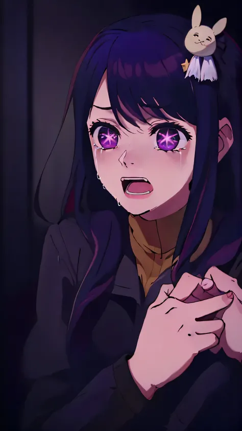 best quality, masterpiece, Hoshino Ai, long hair, purple hair, streaked hair, purple eyes, star-shaped pupils, hair ornament, ds9st red and black uniform ds9st command comm badge Constricted pupils, scared, shadowy, crying, open_mouth expression