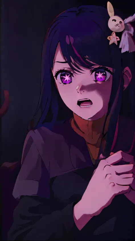 best quality, masterpiece, Hoshino Ai, long hair, purple hair, streaked hair, purple eyes, star-shaped pupils, hair ornament, ds9st red and black uniform ds9st command comm badge Constricted pupils, scared, shadowy, constricted pupils, open_mouth expressio...