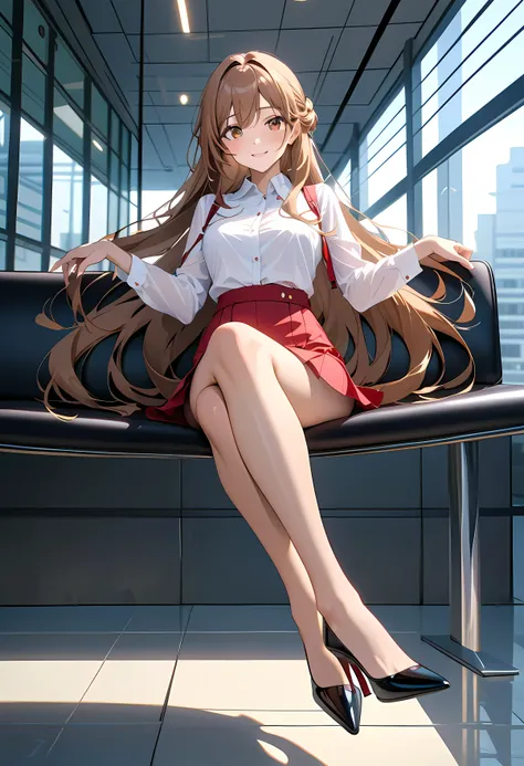highlight,  Single Beautiful Woman Wearing a Business Suit, white blouse,Red-colored pencil miniskirt, light brown pantyhose, sexy black patent leather high heels,  show me a beautiful waist line,  (showing her whole body from her feet), She's sitting on a...