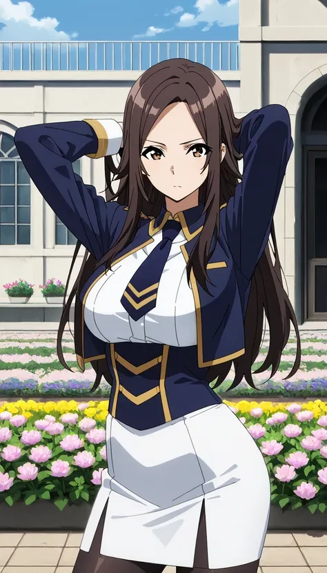 SCORE_9, SCORE_8_UP, SCORE_7_UP, Source_Anime Top Quality、8k、masterpiece、Natural Light、and high precision、Perfect Anatomy、one woman、medium breasts, sagging breasts:1.6, voluptuous body, (nu), parted bangs, brown hair, long hair, brown eyes, (serious expres...