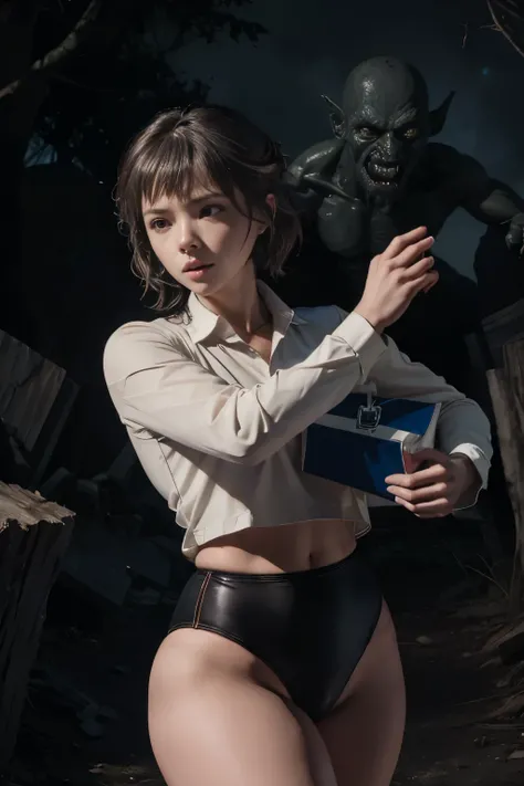 masterpiece, Highest quality, masterpiece, (One girl), (letter), Evil Witch, Dark Energy, Empty, Hollow Eyes, (an extremely evil), black magic, Dark Forest, Negative Energy, hell, Empty, performer, Brown Hair,Wearing a black gymnastics bloomers,high leg,se...