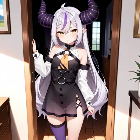 masterpiece, best quality, amazing quality, 1girl, solo, in house, ct_l4plus, flat chest, sleeveless dress, black dress, o-ring, yellow ascot, white detached sleeves, single thighhigh, purple thighhigh,