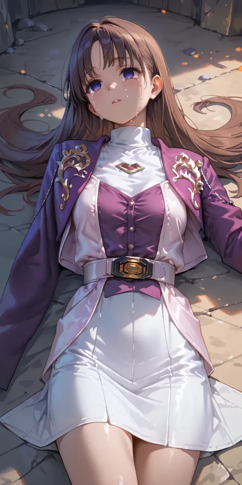 (高精細CG), (Highest Quality), IN THE CAVE,1 girl, perfect face, wide waist, Slim waist, ,purple bolero jacket,white skirt,long sleeve, Pink Belt, straight and long hair , brown hair, ((( empty eyes ))),crying,is opening my mouth,lying on the ground on y...