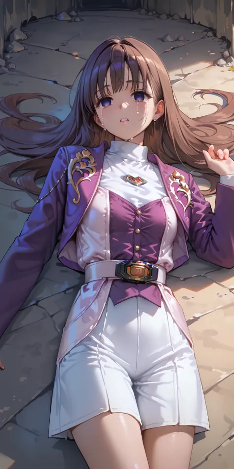 (高精細CG), (Highest Quality), IN THE CAVE,1 girl, perfect face, wide waist, Slim waist, ,purple bolero jacket,white skirt,long sleeve, Pink Belt, straight and long hair , brown hair, ((( empty eyes ))),crying,is opening my mouth,lying on the ground on y...