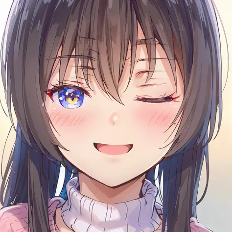 first-person view, UHD, (((masterpiece, textured skin))), (super detail), high details, high quality, ((best quality)), A cheerful young Japanese girl with straight, silky black hair down to her shoulders, smiling brightly and winking playfully. Soft, smoo...