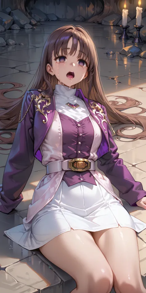 (High definition CG), (Top quality), Inside the Cave,1 girl, perfect face, wide hips, Thin waist, ,purple bolero jacket,White Skirt,long sleeve, Pink Belt, straight and long hair , brown hair, ((( empty eyes ))),crying,Mouth open,lying on the ground on...