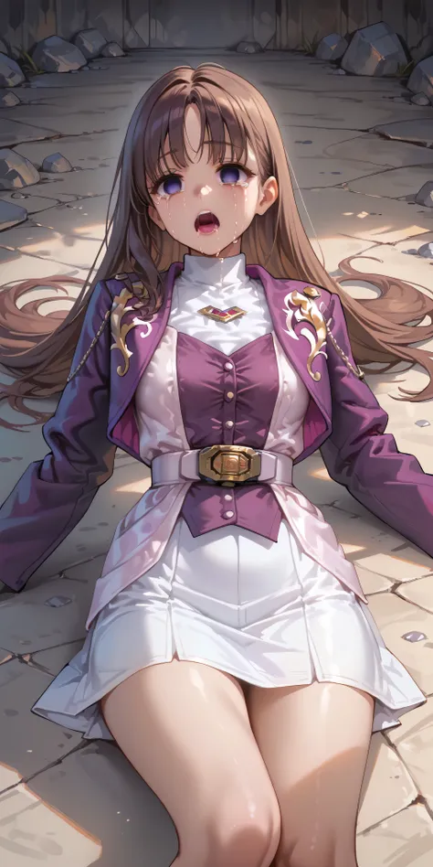 (High definition CG), (Top quality), Inside the Cave,1 girl, perfect face, wide hips, Thin waist, ,purple bolero jacket,White Skirt,long sleeve, Pink Belt, straight and long hair , brown hair, ((( empty eyes ))),crying,Mouth open,lying on the ground on...
