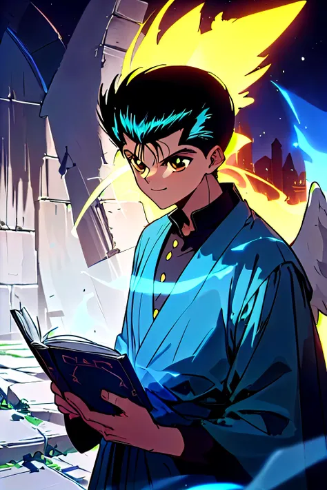  obra-prima,  Tanga,  incredible quality ,  better aesthetic,  absurdos , estilo oficial,  , veja a espectadora , Yusuke_Urameshi_Ep,  cabelo preto ,  olhos castanhos , (1 menino ),  upper body , ((  huge and vast abandoned destruction  ,   stone destructi...
