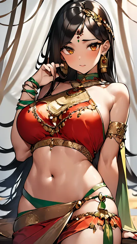 (((Best quality, 8k, Masterpiece: 1.3)), ((best quality)), ((masterpiece)), (detailed), perfect face, perfect body, (detailed skin:1.3), (intricate details), A graceful woman dressed in traditional Indian dance attire stands in a poised position, ready to ...