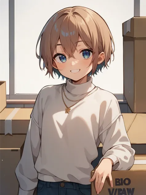 SCORE_9, SCORE_8_up, SCORE_7_up, SCORE_6_up, SCORE_5_up, Anime,nsfw,Uncorrected,A young with a box on her head,Petite,Short Height,( You should draw a smile on a box , wears a long sweater that covers her whole body for clear focus, Kyoani Style,glitter,