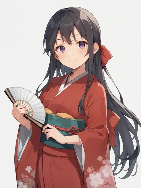 着score_9, score_8_up, score_7_up, Anime,nsfw,Uncorrected,young ,Babyface,Short Height,Petite,solo, kimono, Long Hair, hand fan, Smile, Kimono, Striped, band, Obi , White Background, Striped Kimono, ribbon, staring at the viewer, hair ribbon, blush, bungs,...