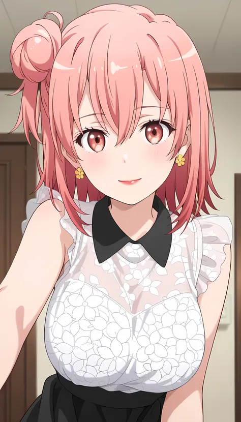 1girl,yui yuigahama,pink hair,short hair,gradient hair,hair bun,pink eyes,single side bun, very large breasts,
, solo, closed mouth, light smile, blush, medium hair, orange hair, single side bun, orange eyes, hair between eyes, flower earrings, red lips, Y...