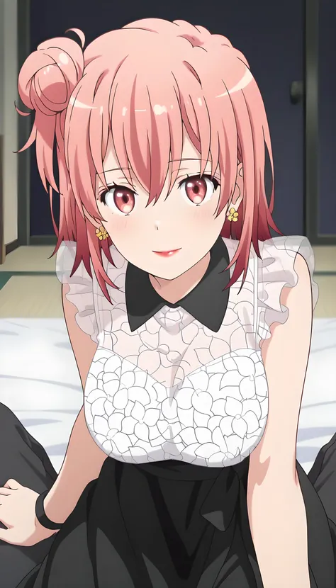 1girl,yui yuigahama,pink hair,short hair,gradient hair,hair bun,pink eyes,single side bun, very large breasts,
, solo, closed mouth, light smile, blush, medium hair, orange hair, single side bun, orange eyes, hair between eyes, flower earrings, red lips, Y...
