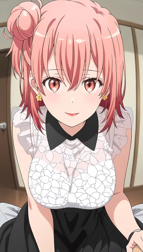 1girl,yui yuigahama,pink hair,short hair,gradient hair,hair bun,pink eyes,single side bun, very large breasts,
, solo, closed mouth, light smile, blush, medium hair, orange hair, single side bun, orange eyes, hair between eyes, flower earrings, red lips, Y...
