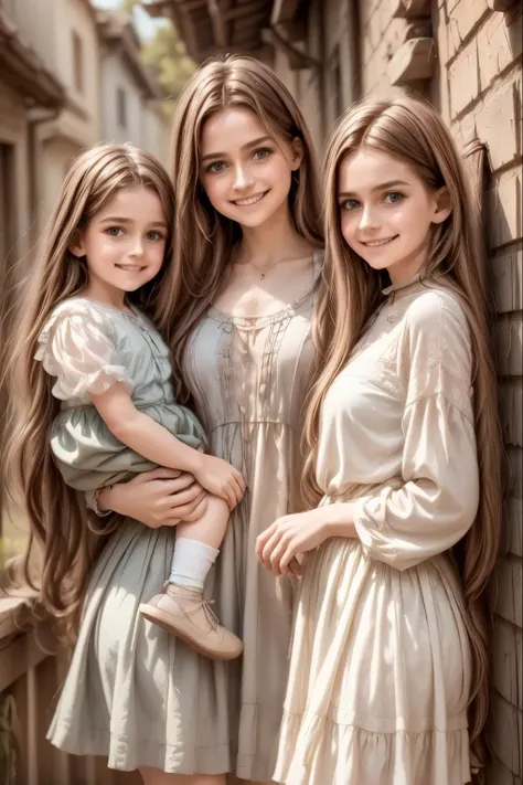 (high resolution: 1.2),Happy moment, medieval mother and 2 daughters, go shopping at village market, cheer, bunnies and duck, beautiful detailed eyes, lush green garden, long flowing hair, traditional medieval clothes,