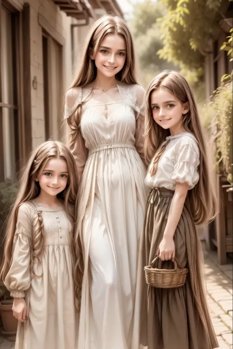 (high resolution: 1.2),Happy moment, medieval mother and 2 daughters, go shopping at village market, cheer, bunnies and duck, beautiful detailed eyes, lush green garden, long flowing hair, traditional medieval clothes,