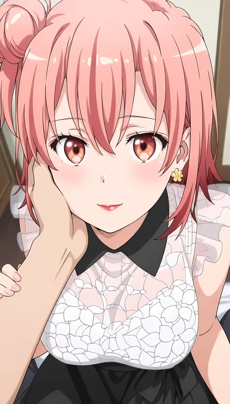 1girl,yui yuigahama,pink hair,short hair,gradient hair,hair bun,pink eyes,single side bun, very large breasts,
, solo, closed mouth, light smile, blush, medium hair, orange hair, single side bun, orange eyes, hair between eyes, flower earrings, red lips, Y...