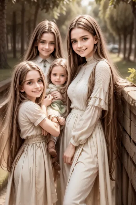 (high resolution: 1.2),Happy moment, medieval mother and 2 daughters, go shopping at village market, cheer, bunnies and duck, beautiful detailed eyes, lush green garden, long flowing hair, traditional medieval clothes,
