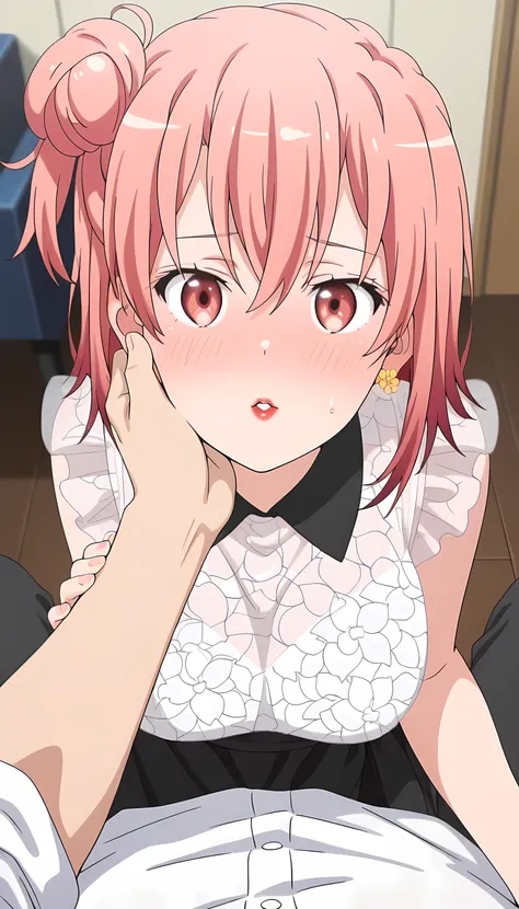 1girl,yui yuigahama,pink hair,short hair,gradient hair,hair bun,pink eyes,single side bun, very large breasts, medium hair, orange hair, single side bun, orange eyes, hair between eyes, flower earrings, red lips, YuiDress, wing collar, black collar, frille...