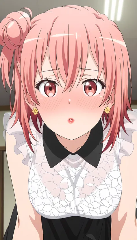 amazing quality, best quality, masterpiece, newest, highres, absurdres, anime coloring, anime screencap, 1girl,yui yuigahama,pink hair,short hair,gradient hair,hair bun,pink eyes,single side bun, very large breasts, medium hair, orange hair, single side bu...