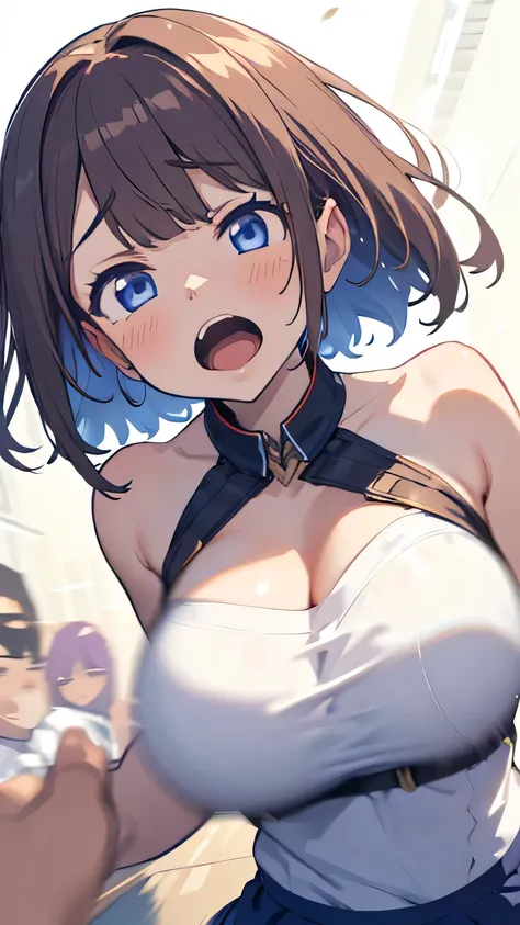 Violently bouncing breasts, Asymmetrical breasts,(line of movement, motion blur), 1 woman Idol open_Big Mouth Big Breasts bouncing chest Onomatopoeia Cheek dye_Breasts Hetero Serious Big Breasts_胸 Idolの可愛いコスチューム 汗 Steam dynamic angle Dynamic Movement