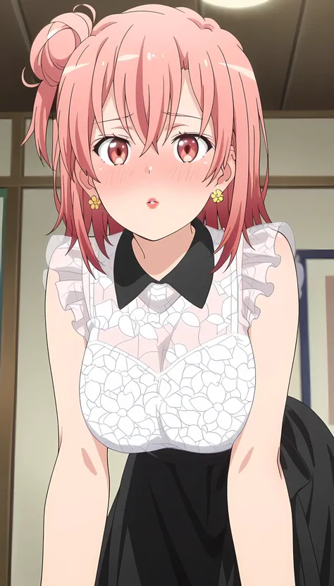 amazing quality, best quality, masterpiece, newest, highres, absurdres, anime coloring, anime screencap, 1girl,yui yuigahama,pink hair,short hair,gradient hair,hair bun,pink eyes,single side bun, very large breasts, medium hair, orange hair, single side bu...