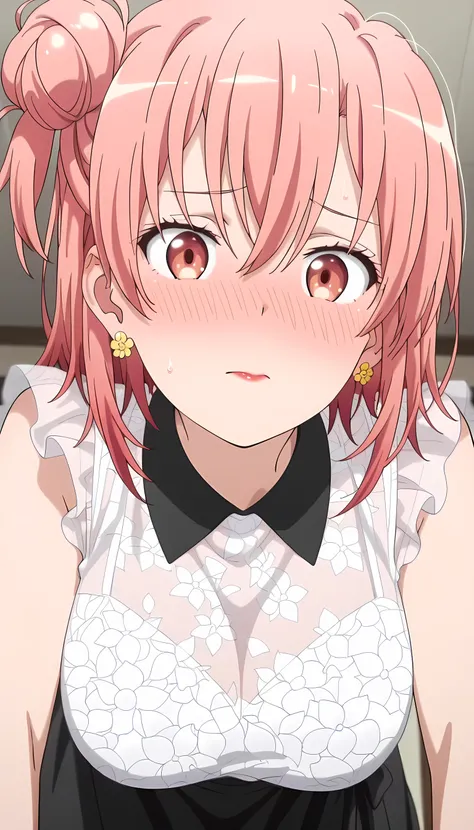 amazing quality, best quality, masterpiece, newest, highres, absurdres, anime coloring, anime screencap, 1girl,yui yuigahama,pink hair,short hair,gradient hair,hair bun,pink eyes,single side bun, very large breasts, medium hair, orange hair, single side bu...