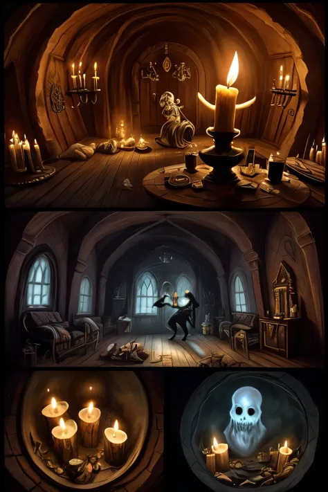 Cutaway view of a haunted Victorian mansion, isometric angle, filled with ghostly figures, magical rooms, steampunk and gothic decor, underground lairs with secret rituals and treasures, ballroom with colorful ghosts dancing, dim candlelight, intricate det...