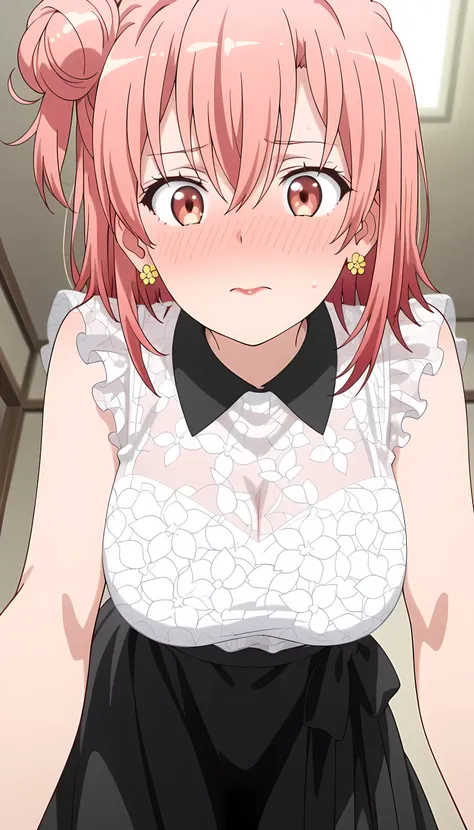 amazing quality, best quality, masterpiece, newest, highres, absurdres, anime coloring, anime screencap, 1girl,yui yuigahama,pink hair,short hair,gradient hair,hair bun,pink eyes,single side bun, very large breasts, medium hair, orange hair, single side bu...