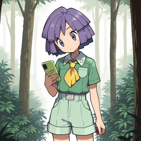 masterpiece, best quality,1boy,solo,bugsy_(pokemon),purple hair,purple eyes,Green shorts, green shirt, brown footwear, white socks, yellow neckerchief,forest,phone,light green phone,head tilt,looking at phone,cowboy shot