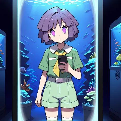 masterpiece, best quality,1boy,solo,bugsy_(pokemon),purple hair,purple eyes,Green shorts, green shirt, brown footwear, white socks, yellow neckerchief,dark room, aquarium,large water tank,head tilt,looking at phone,cowboy shot,hypnosis,mind control,empty e...