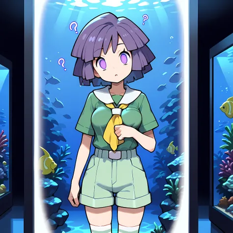 masterpiece, best quality,1boy,solo,bugsy_(pokemon),purple hair,curly hair,purple eyes,Green shorts, green shirt, brown footwear, white socks, yellow neckerchief,dark room, aquarium,large water tank,head tilt,cowboy shot,hypnosis,mind control,empty eyes,br...