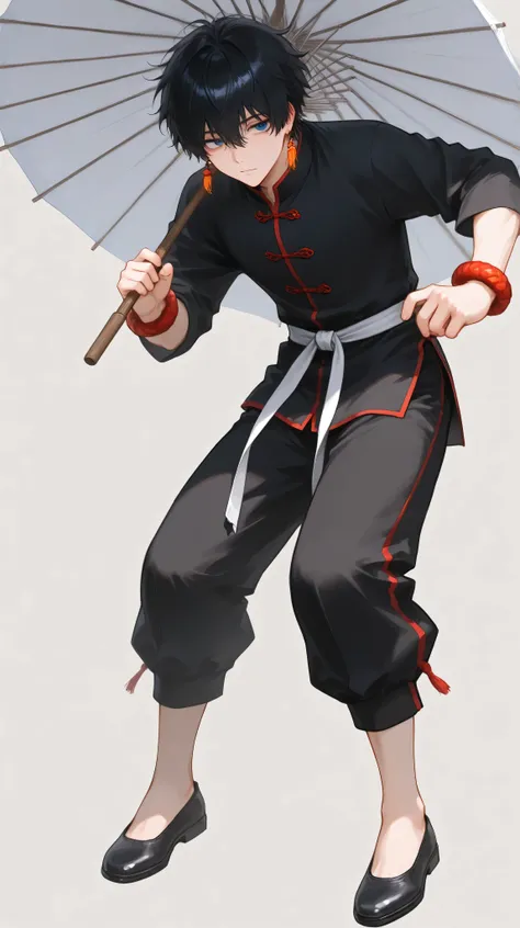 One male, short hair, messy hair, black hair, tired eyes, lazy look, blue eyes, red chinese lantern earrings, traditional martial artist uniform, black uniform, chinese lucky bracelets, red bracelets, black traditional chinese pants, white martial belt, ku...