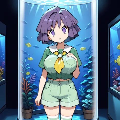 masterpiece, best quality,1girl,solo,bugsy_(pokemon),purple hair,curly hair,purple eyes,Green shorts, green shirt, brown footwear, white socks, yellow neckerchief,dark room, aquarium,large water tank,inside the tank,head tilt,cowboy shot,hypnosis,mind cont...