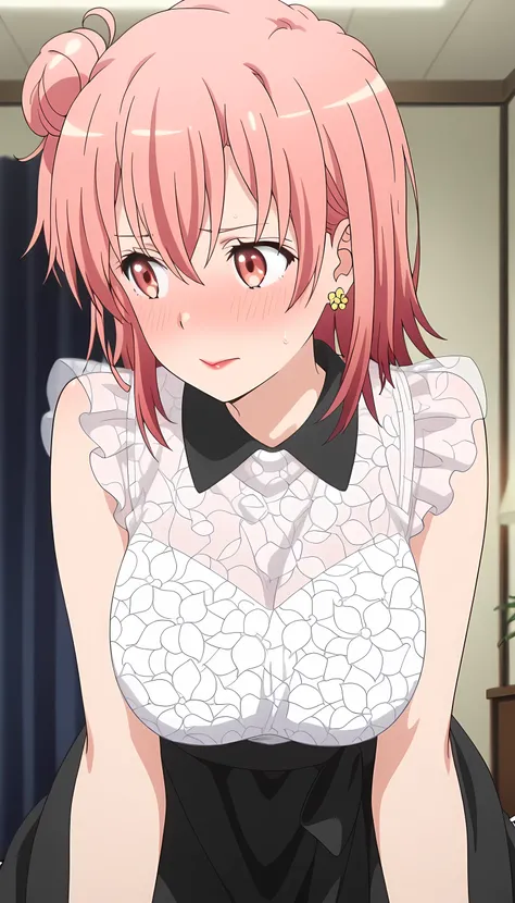 amazing quality, best quality, masterpiece, newest, highres, absurdres, anime coloring, anime screencap, 1girl,yui yuigahama,pink hair,short hair,gradient hair,hair bun,pink eyes,single side bun, very large breasts, medium hair, orange hair, single side bu...
