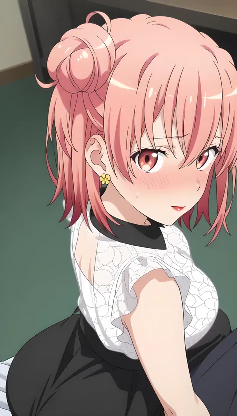 amazing quality, best quality, masterpiece, newest, highres, absurdres, anime coloring, anime screencap, 1girl,yui yuigahama,pink hair,short hair,gradient hair,hair bun,pink eyes,single side bun, very large breasts, medium hair, orange hair, single side bu...