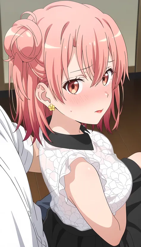 amazing quality, best quality, masterpiece, newest, highres, absurdres, anime coloring, anime screencap, 1girl,yui yuigahama,pink hair,short hair,gradient hair,hair bun,pink eyes,single side bun, very large breasts, medium hair, orange hair, single side bu...