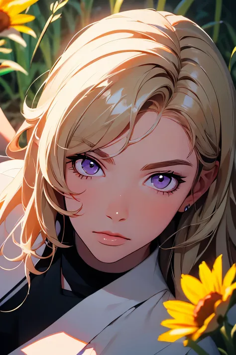 2d illustration, anime, a painting portrait in fine arts, in manhwa style, Bishamon from noragami, 1girl, blond long hair, big hair, purple eyes, makeup, beautiful, high definition, masterpiece, best quality, high detail, high detailed eyes, grain filter, ...