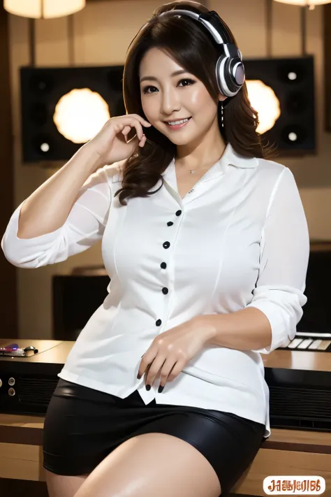  charming mature woman、、(( chubby))、  mini tight skirt  、 Sit on a chair、(((Panchira)))、 white shirt、chest、大きなchest、((Podcast is being broadcast、Disc Jockey、DJ、Broadcaster Studio )), masterpiece、 Top quality