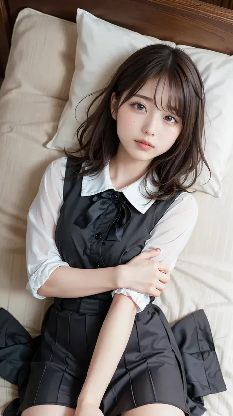 masterpiece, Best Quality, Illustration, Super Detailed, Fine Details, high resolution, 8k,Wallpaper, perfect dynamic composition,(detailed high quality, eyes:1.3), lying on a bed, short hair, (Wave Hair:1.2), high school classroom、High School Girl Uniform...