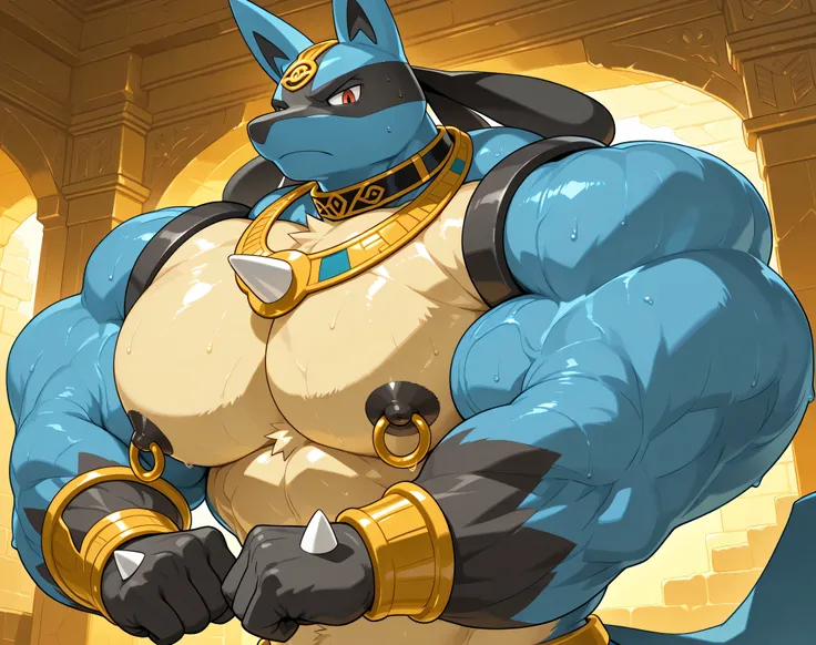 detailed background, low view, temple, close up, solo, alone score_9_up,score_8_up,score_7_up,score_6_up,score_5_up,score_4_up, BREAK kemono, bara, furry, 1boy, anthro, LucarioRS, pokemon (creature), lucario, Blue Fur, Chest Spike, Red Eyes, yellow chest f...